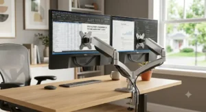 Braccio per monitor doppio in alluminio con due schermi affiancati per postazione di lavoro