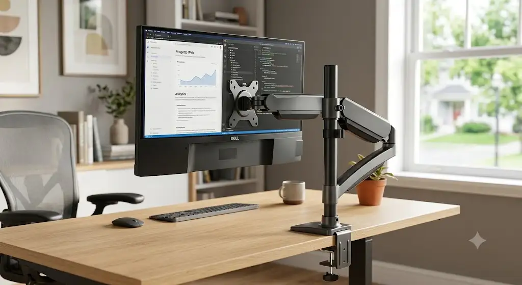 Braccio per monitor singolo regolabile montato su una scrivania da ufficio