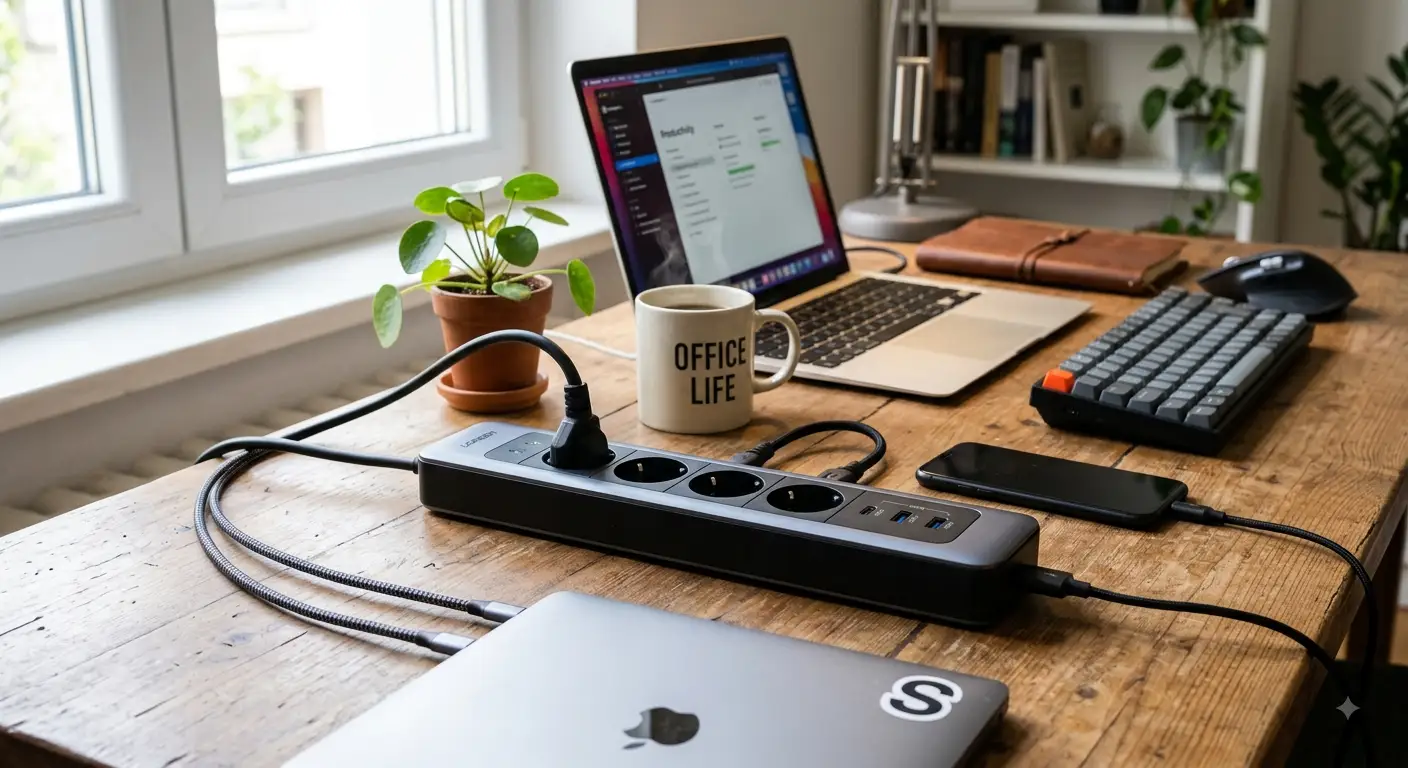 Ciabatta da scrivania multipresa moderna in alluminio con prese schuko e porte USB su una scrivania in legno ordinata.