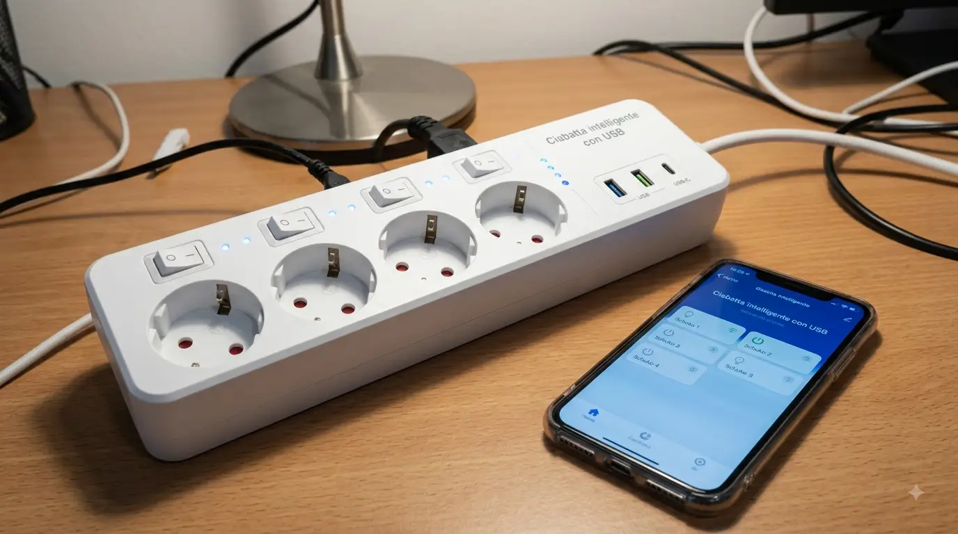 Ciabatta intelligente Wi-Fi con prese elettriche e porte USB per la gestione domotica dei dispositivi elettronici