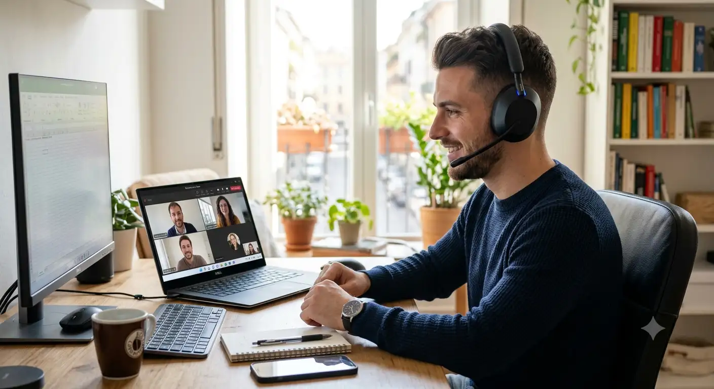 Lavoratore in smart working con cuffie wireless connesse al laptop durante una videochiamata di lavoro