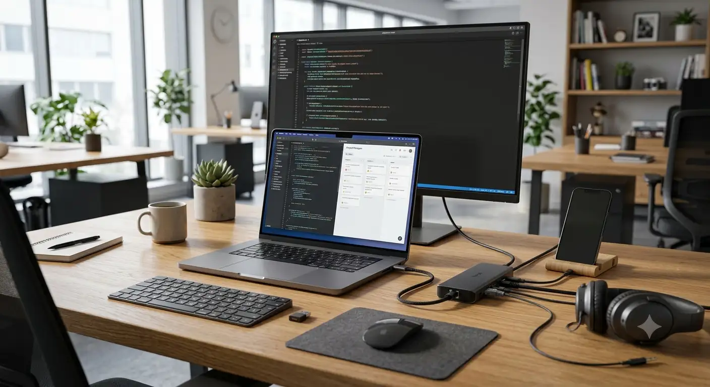 Docking station USB-C collegata a un laptop su una postazione di lavoro ordinata in ufficio