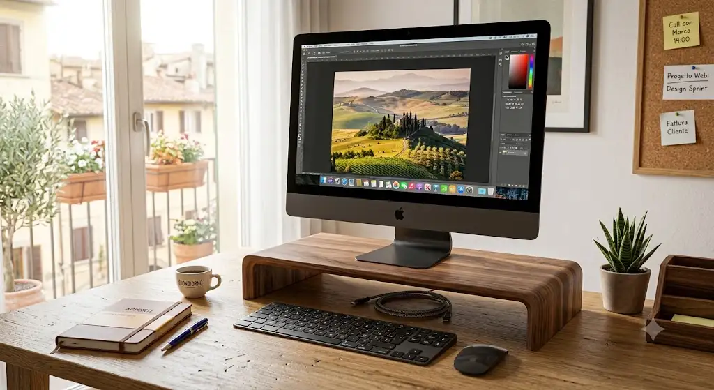 Rialzo per monitor in legno naturale sulla scrivania di un ufficio moderno