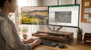 Illustrazione di una postura corretta alla scrivania grazie all'uso di un rialzo per monitor