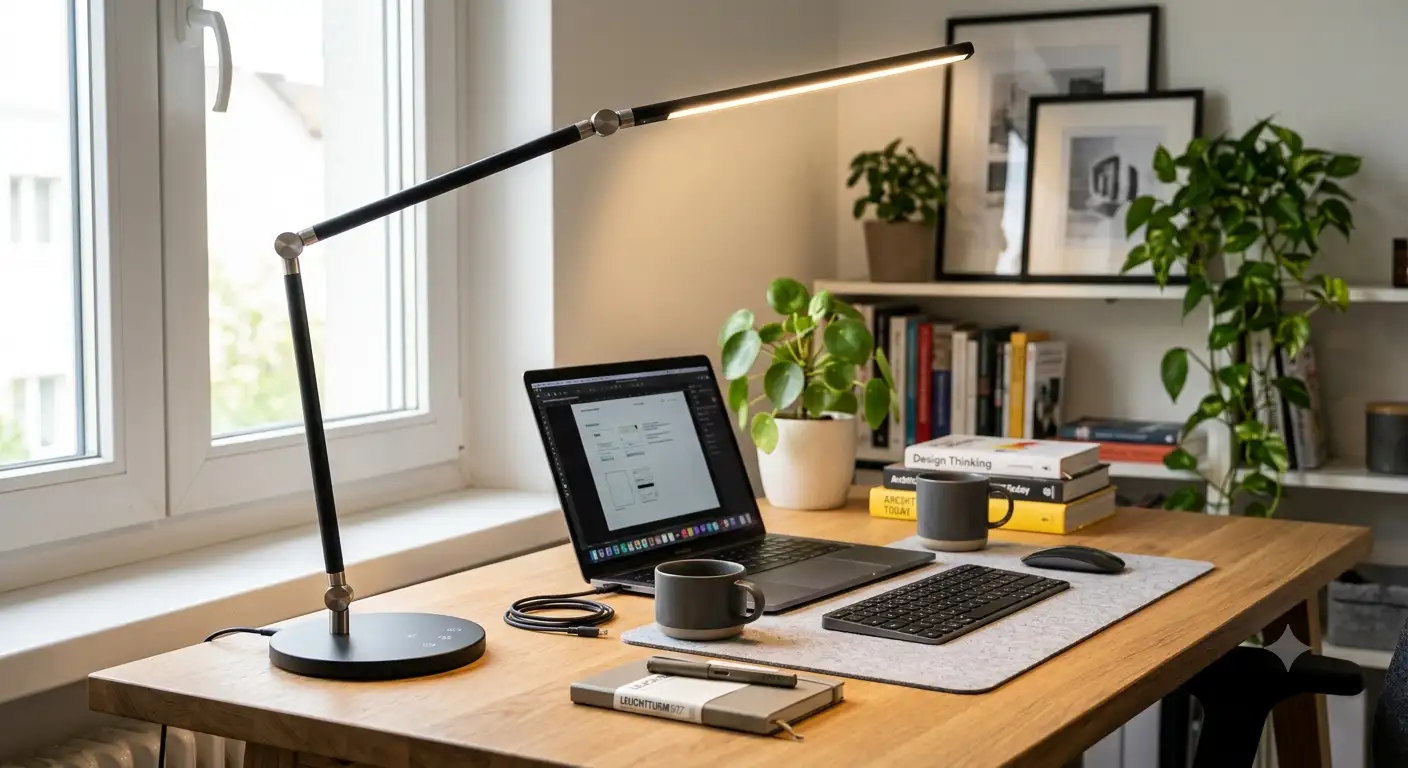 Lampada da scrivania LED moderna di design posizionata su una postazione di lavoro illuminata