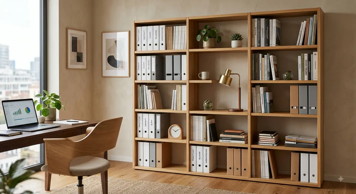 Libreria da ufficio moderna in legno naturale con ripiani aperti e documenti ben organizzati.