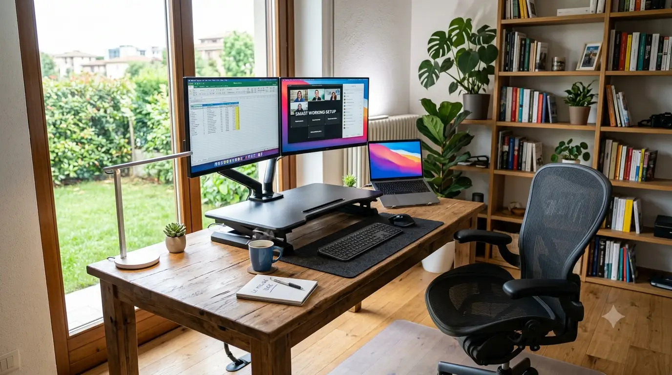 Una postazione smart working ergonomica e moderna a casa, con scrivania in legno, sedia da ufficio, doppio monitor, illuminazione naturale e piante.