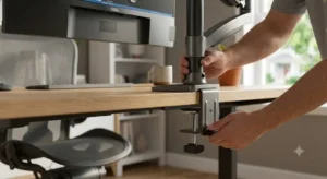 Dettaglio dell installazione del braccio per monitor tramite morsetto da scrivania