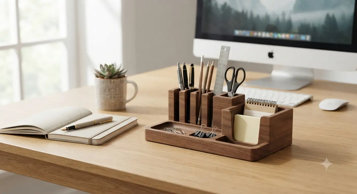 Organizer da scrivania moderno in legno naturale posizionato su una scrivania ordinata con accessori da ufficio