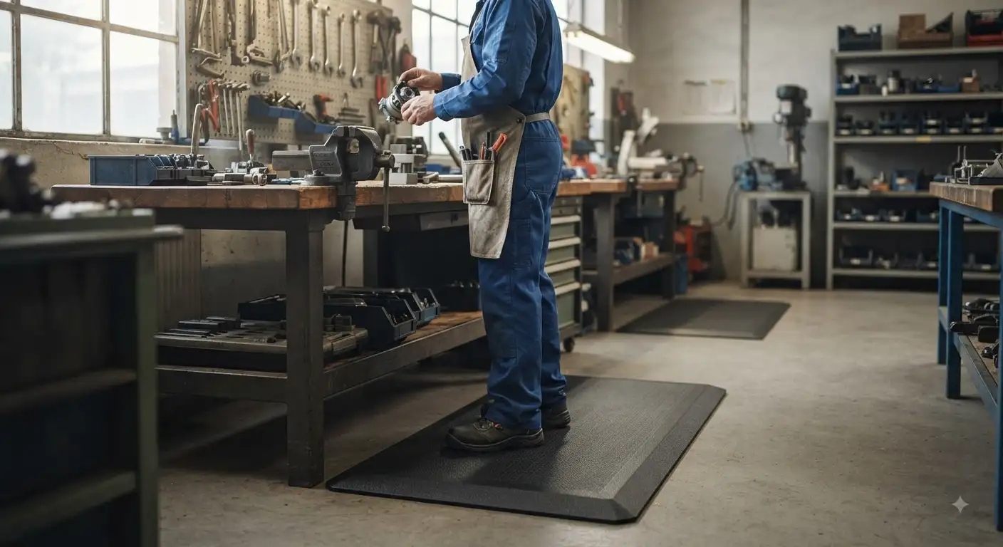 Pedana anti fatica industriale ergonomica posizionata di fronte a un banco da lavoro inofficina