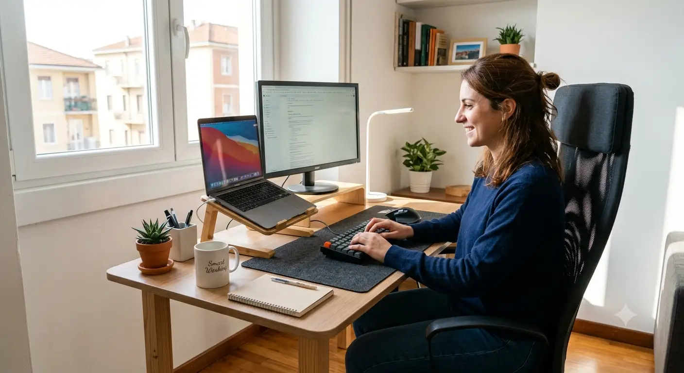 Postazione da smart working economica ed ergonomica allestita in un angolo casa luminoso, con laptop, supporto rialzato e illuminazione naturale.