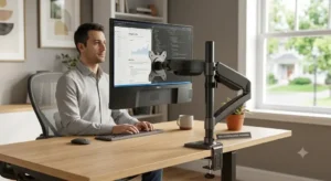 Illustrazione della postura ergonomica corretta grazie all utilizzo di un braccio per monitor