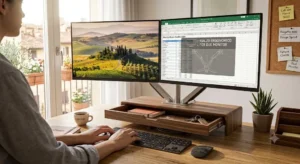ialzo per monitor da scrivania dotato di cassetto e scomparti portaoggetti integrati