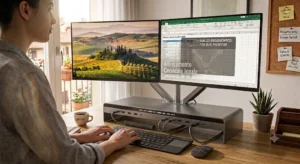 Rialzo per monitor multifunzione in alluminio con porte USB integrate per ricarica