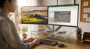 Rialzo per monitor in vetro temperato trasparente dal design moderno e minimale