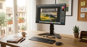 Supporto e rialzo per monitor ergonomico con altezza regolabile in metallo nero