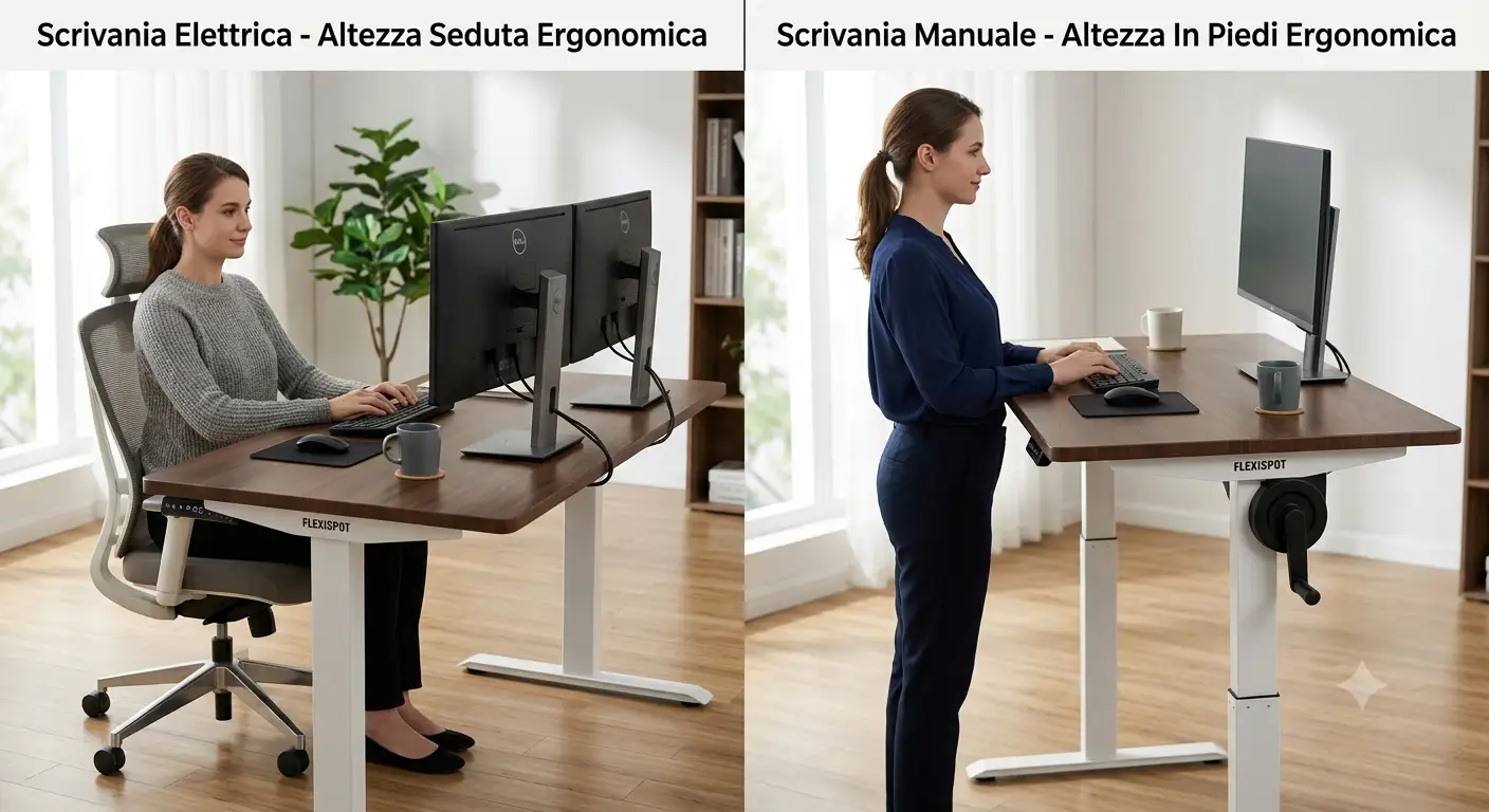 Confronto tra scrivania elettrica e manuale regolabile in altezza per un ambiente di lavoro ergonomico.