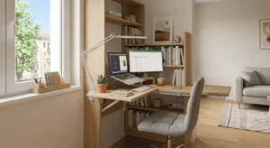 Piccola scrivania regolabile in altezza ideale per lo smart working negli ambienti ristretti