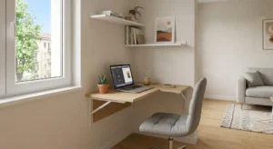 Scrivania per piccoli spazi sospesa dal design minimalista sotto la finestra