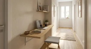 Scrivania per piccoli spazi con piano stretto in legno installata in corridoio