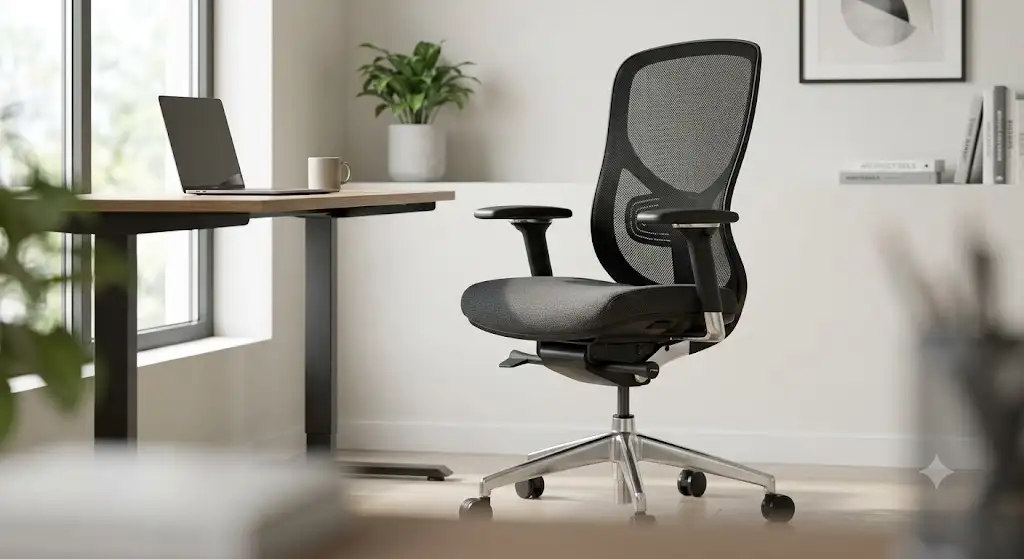 Illustrazione di una sedia ergonomica da ufficio moderna con design elegante e struttura regolabile.