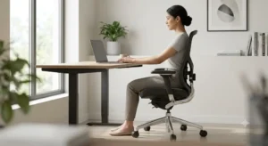  Illustrazione di una persona con postura corretta alla scrivania grazie a una sedia ergonomica.
