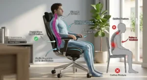 Schema grafico che mostra come una sedia ergonomica aiuti a prevenire il mal di schiena e la fatica.