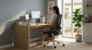 Postazione di lavoro casalinga moderna dotata di sedia ergonomica per lo smart working.
