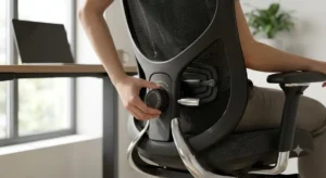 Dettaglio del supporto lombare regolabile integrato in una sedia ergonomica per la cura della schiena.