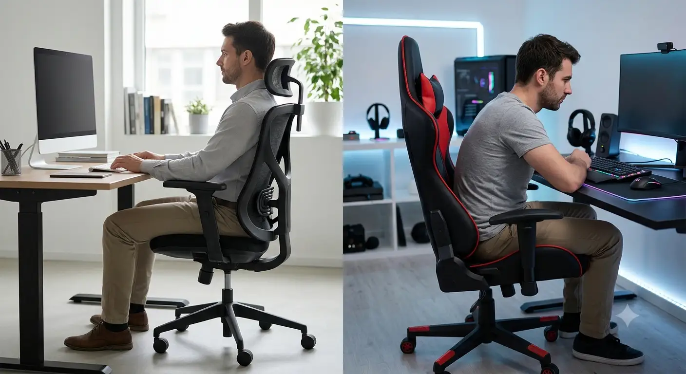 Confronto sulla postura corretta tra una sedia ergonomica da ufficio e una sedia gaming in pelle