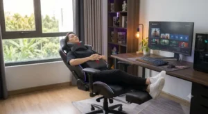 Sedia gaming reclinabile con poggiapiedi estraibile per le pause di relax tra una partita e l'altra