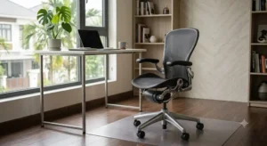 Postazione smart working elegante con sedia Herman Miller e scrivania regolabile