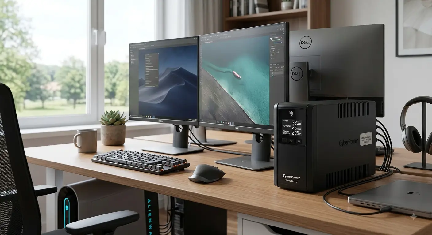 Gruppo di continuità UPS per postazione di lavoro CyberPower VP1200ELCD con display LCD e cavi collegati in un ufficio moderno con luce naturale, qualità 4K.