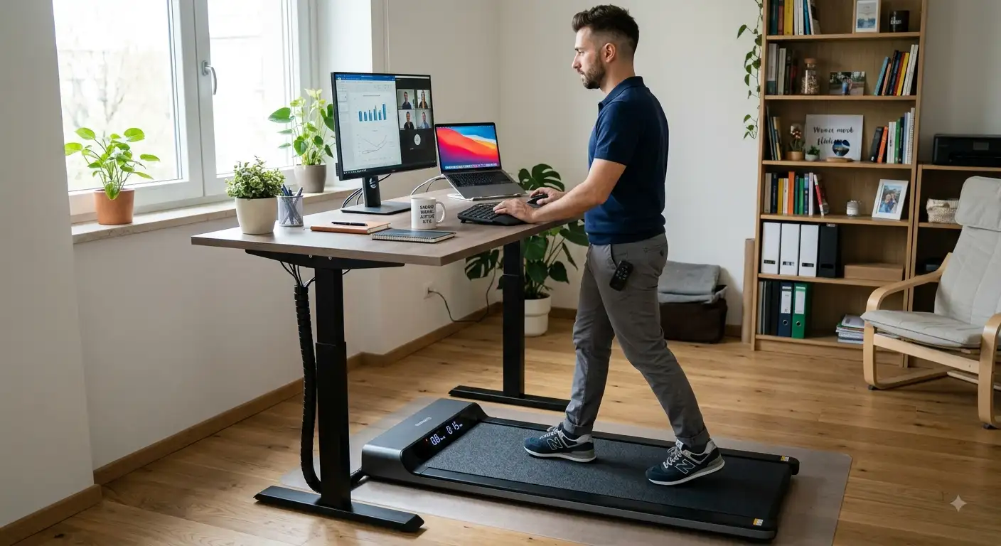 Walking pad da scrivania posizionato sotto una scrivania regolabile in altezza per smart working