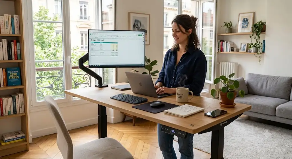 Bureau assis-debout électrique réglable en hauteur dans un espace de télétravail lumineux à domicile