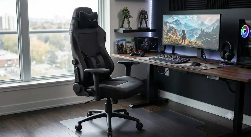 Chaise gamer ergonomique noire avec soutien lombaire réglable devant un bureau de jeu