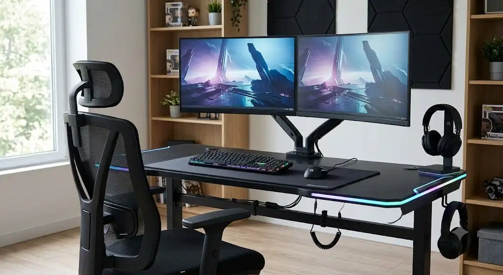 Bureau gamer ergonomique noir avec éclairage LED RGB et support pour double écran