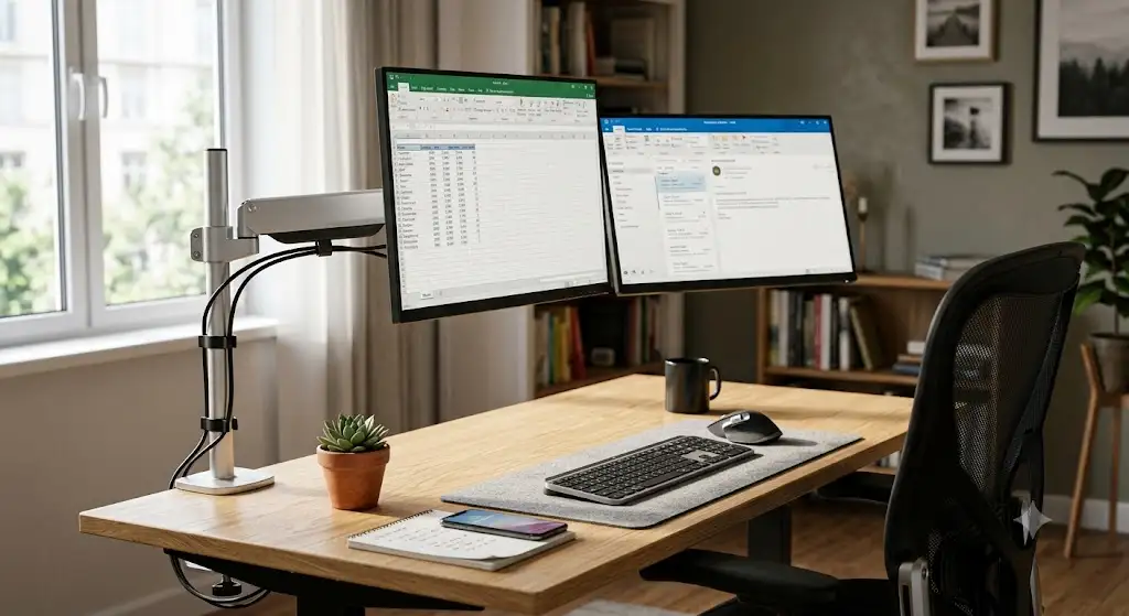 Bras support écran ergonomique fixé sur un bureau de télétravail moderne