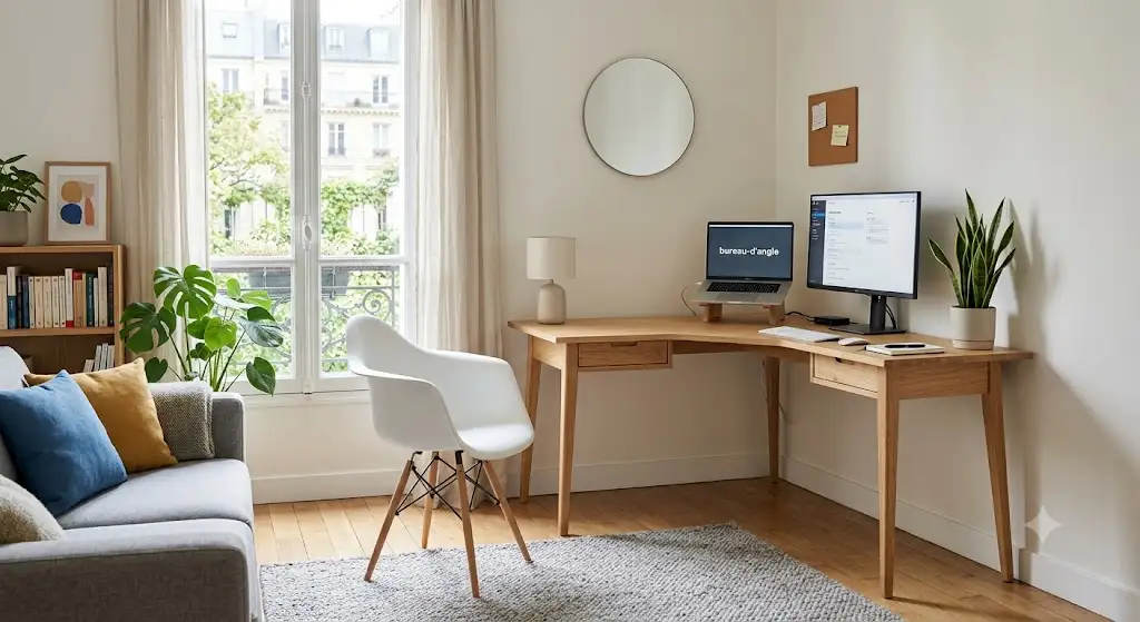 Bureau d'angle en bois massif clair au style scandinave aménagé dans un salon lumineux