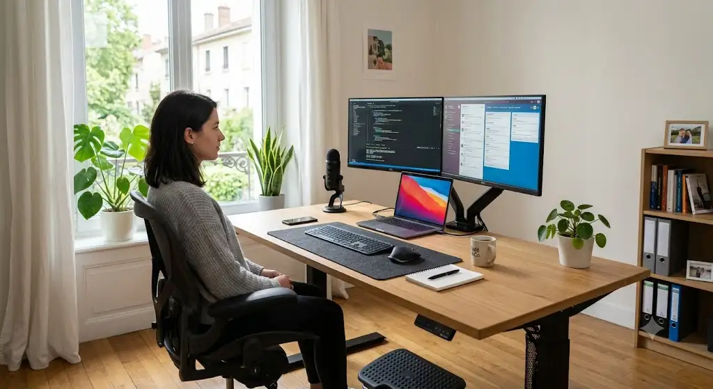 Vue d'ensemble du meilleur setup bureau télétravailleurs avec équipement ergonomique complet à domicile.