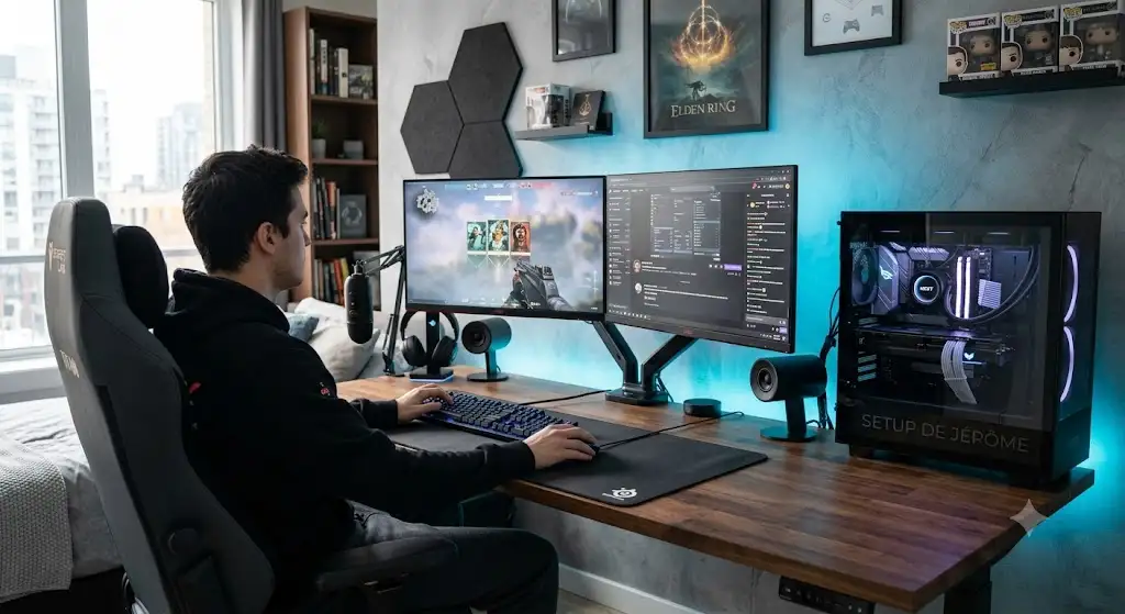 Meilleur setup bureau gamers complet avec configuration double écran et éclairage LED d'ambiance