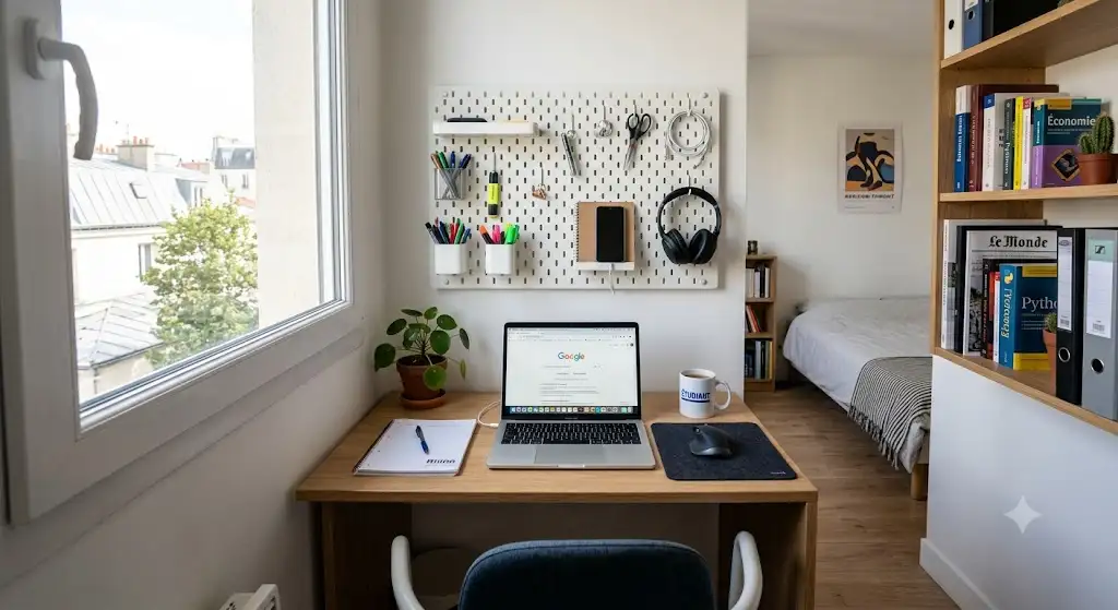 Aménagement du meilleur setup bureau étudiants dans un petit studio universitaire avec ordinateur portable et rangements muraux.