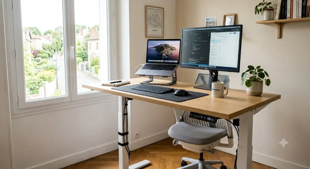 Bureau électrique réglable en hauteur en chêne clair installé dans un coin télétravail lumineux.