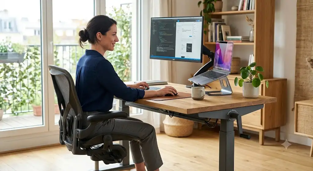 Bureau à manivelle ergonomique réglable en hauteur en position assise dans un espace de travail contemporain