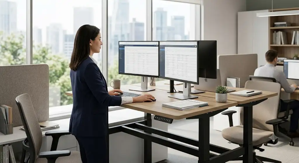 bureau assis-debout mémoire de position réglé en hauteur dans un espace de travail ergonomique.