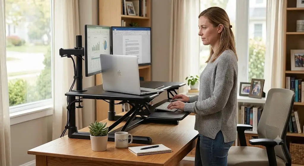 convertisseur bureau assis-debout réglable en hauteur installé dans un espace de télétravail à domicile.