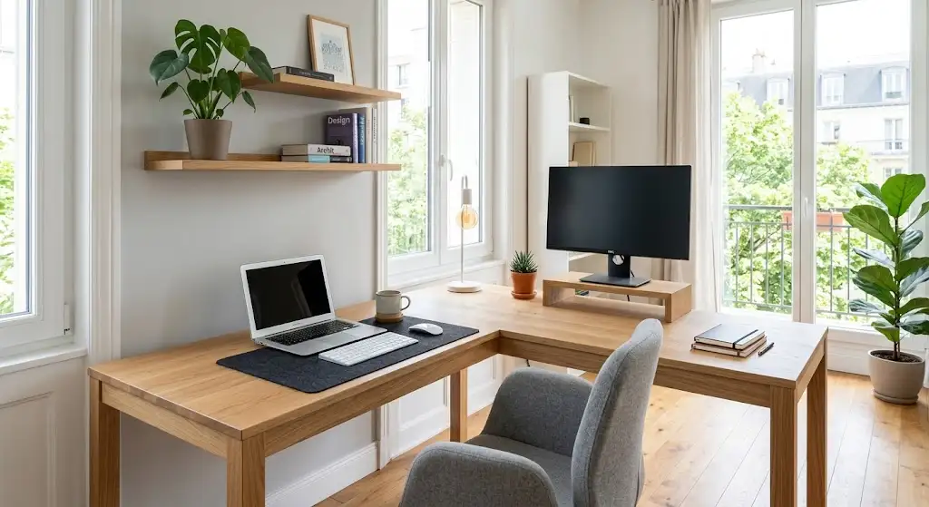 Bureau d'angle en L moderne en bois clair dans un bureau lumino-epure