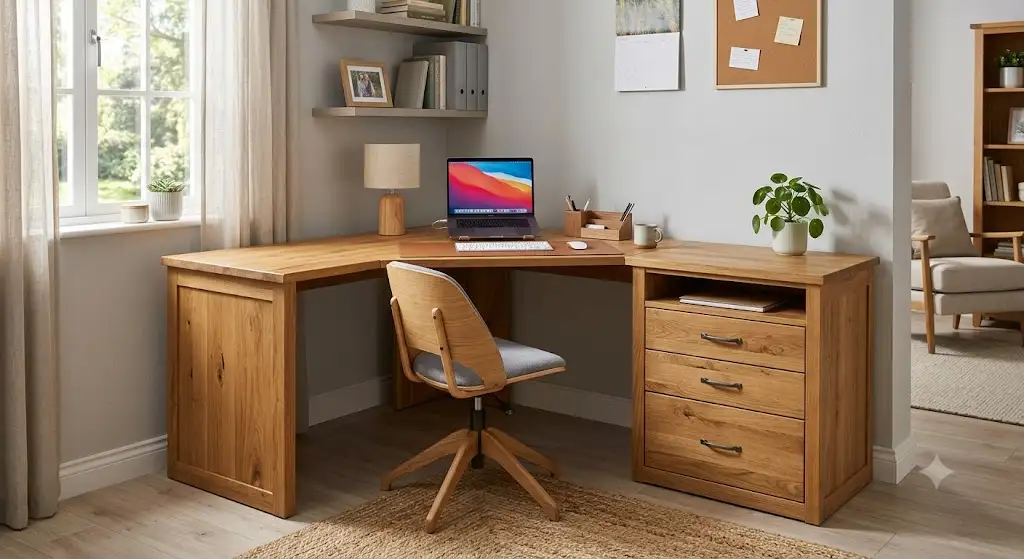Bureau d'angle avec rangement intégré en bois massif, doté de trois tiroirs spacieux pour un espace de travail à domicile élégant.