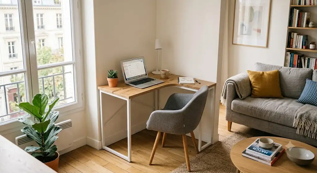 Bureau d'angle compact petit espace installé dans un salon moderne
