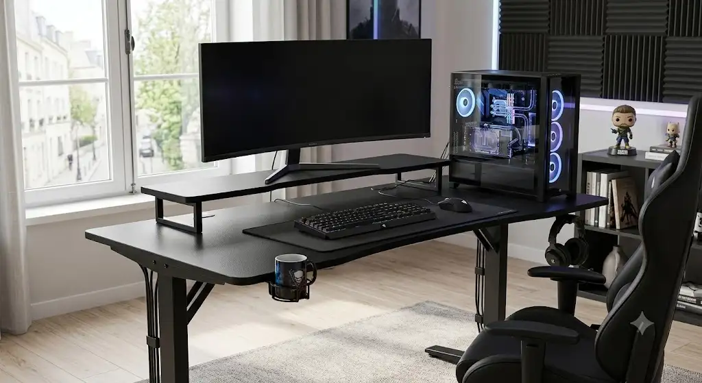 bureau gamer avec support écran ergonomique et setup de jeu complet illuminé par un éclairage LED.